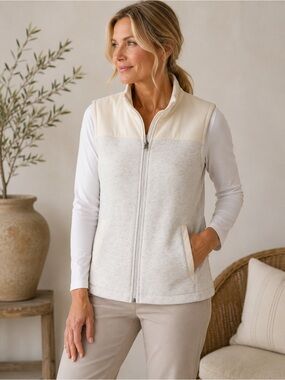 T by Talbots Cream Zip Front Fleece Vest Neutral Quiet Luxury Medium